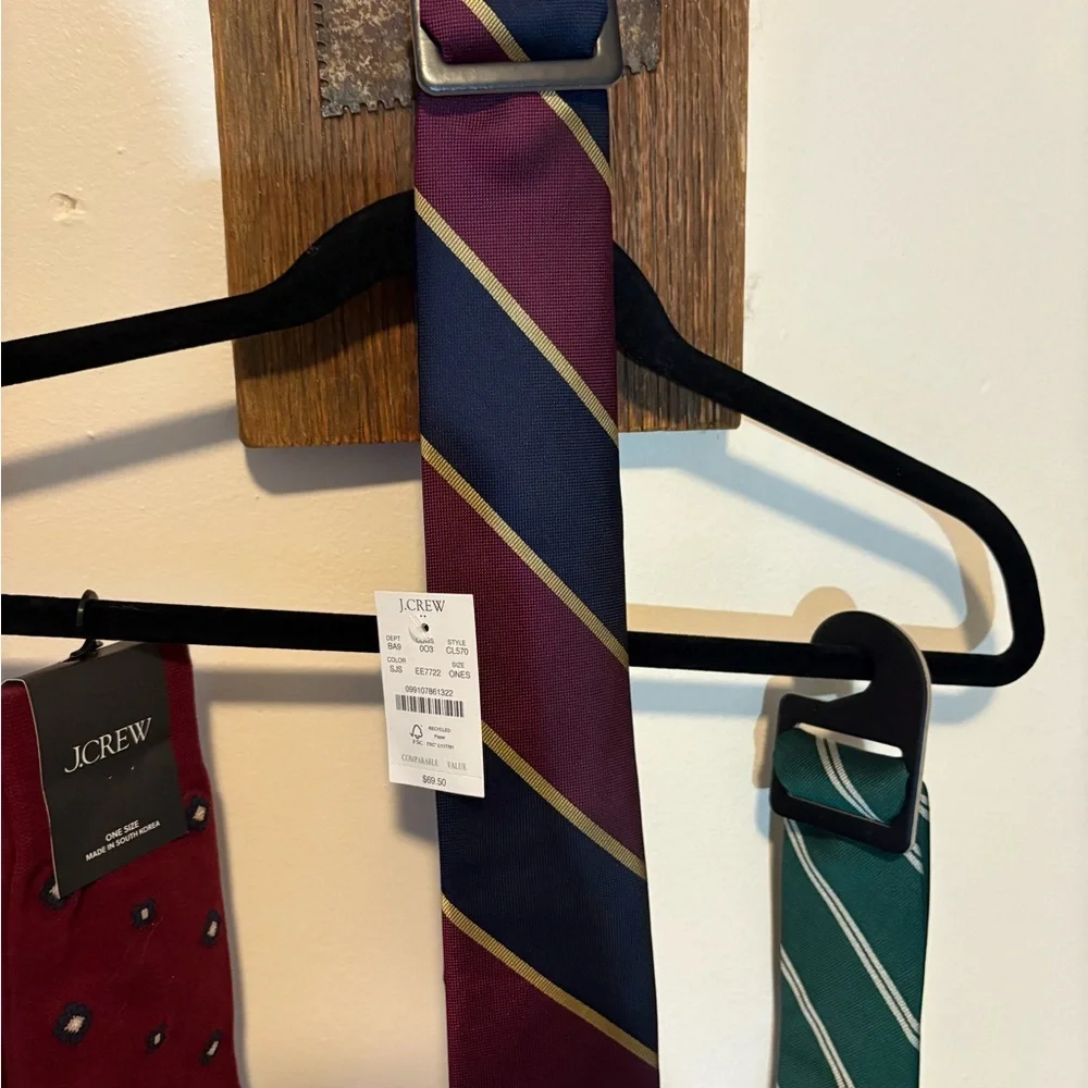 J. Crew Green and White Striped Tie, Burgundy/Navy/Hold Striped Tie, and socks